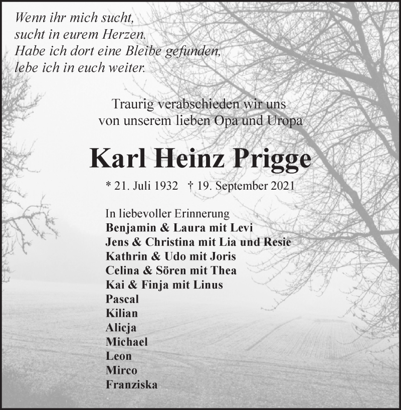  Traueranzeige für Karl Heinz Prigge vom 22.09.2021 aus Wuemme Zeitung