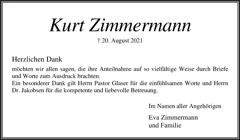  Traueranzeige für Kurt Zimmermann vom 25.09.2021 aus Osterholzer Kreisblatt