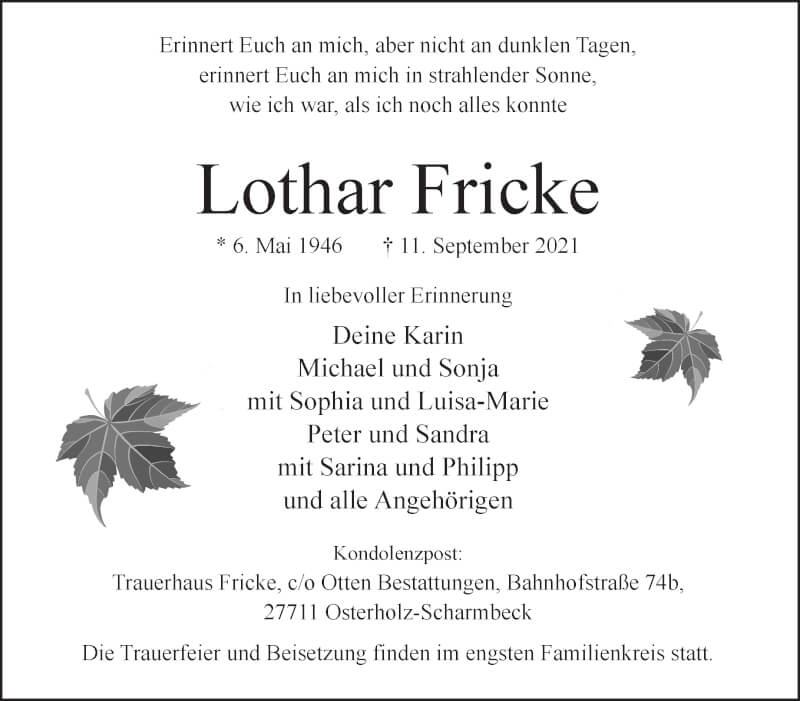  Traueranzeige für Lothar Fricke vom 17.09.2021 aus Osterholzer Kreisblatt