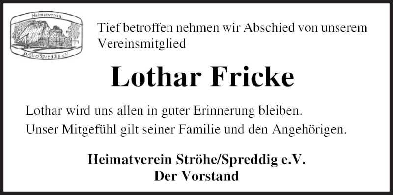 Traueranzeige von Lothar Fricke von Osterholzer Kreisblatt