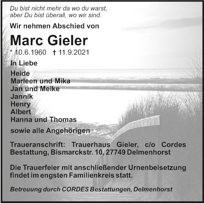  Traueranzeige für Marc Gieler vom 18.09.2021 aus WESER-KURIER