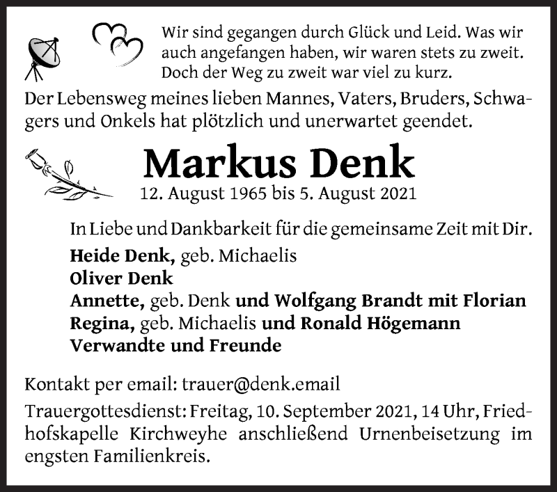  Traueranzeige für Markus Denk vom 04.09.2021 aus WESER-KURIER