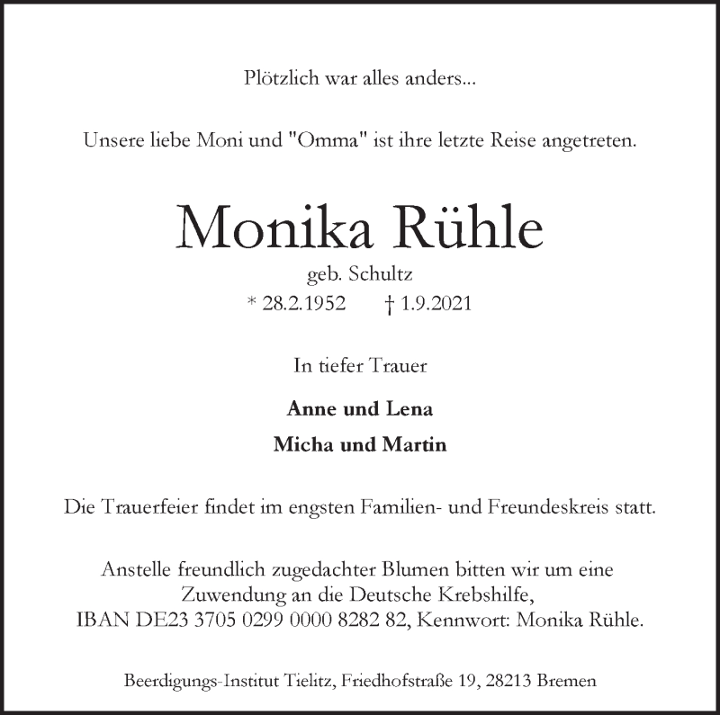  Traueranzeige für Monika Rühle vom 04.09.2021 aus WESER-KURIER
