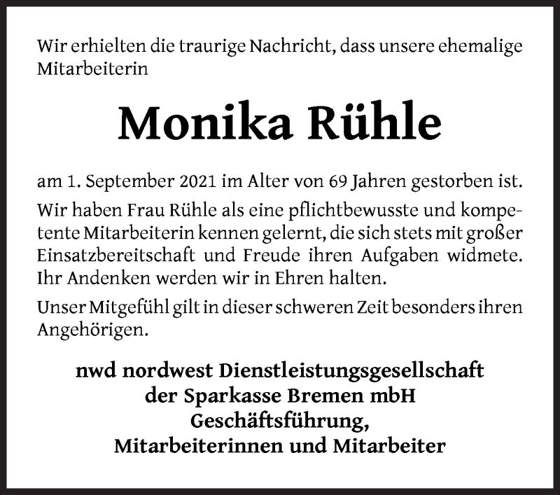  Traueranzeige für Monika Rühle vom 08.09.2021 aus WESER-KURIER
