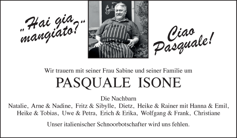  Traueranzeige für Pasquale Isone vom 29.09.2021 aus WESER-KURIER