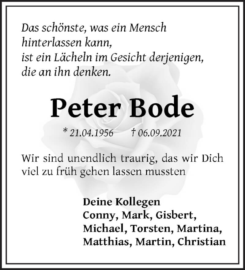  Traueranzeige für Peter Bode vom 18.09.2021 aus WESER-KURIER