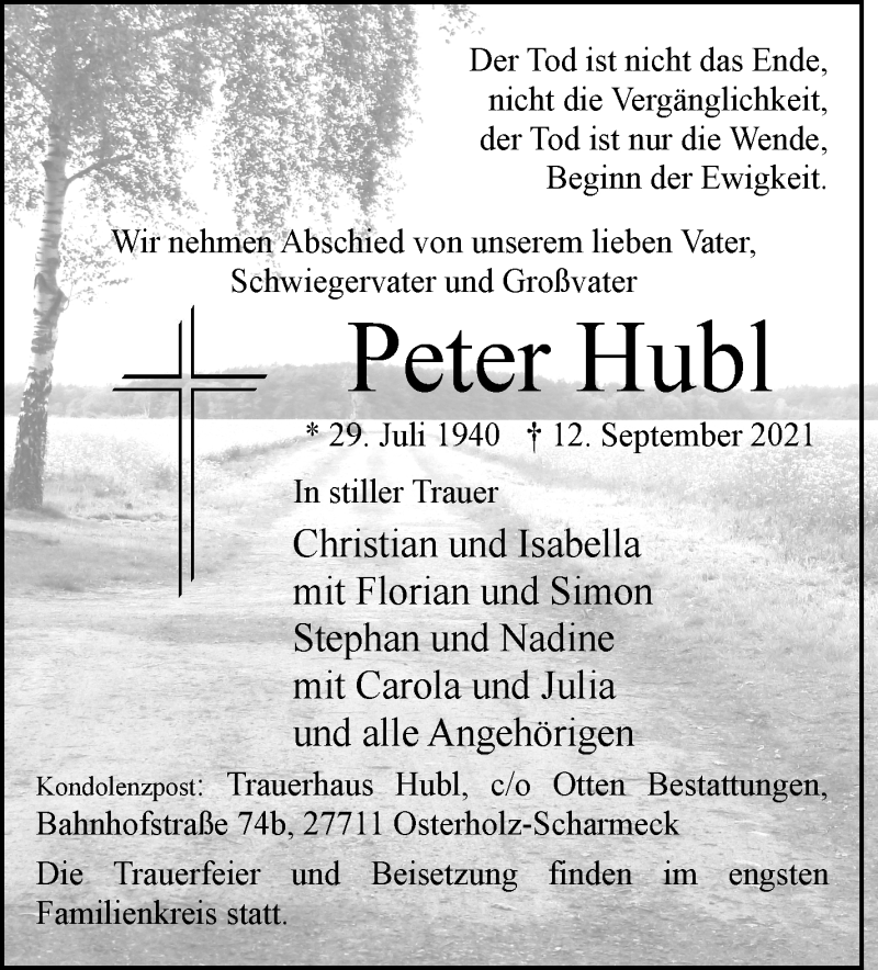  Traueranzeige für Peter Hubl vom 25.09.2021 aus WESER-KURIER