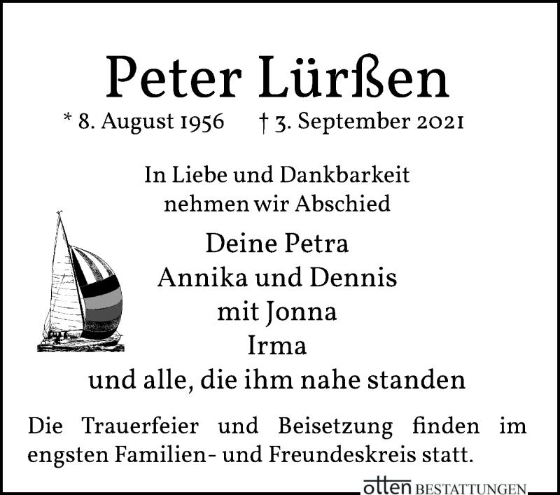  Traueranzeige für Peter Lürßen vom 11.09.2021 aus WESER-KURIER