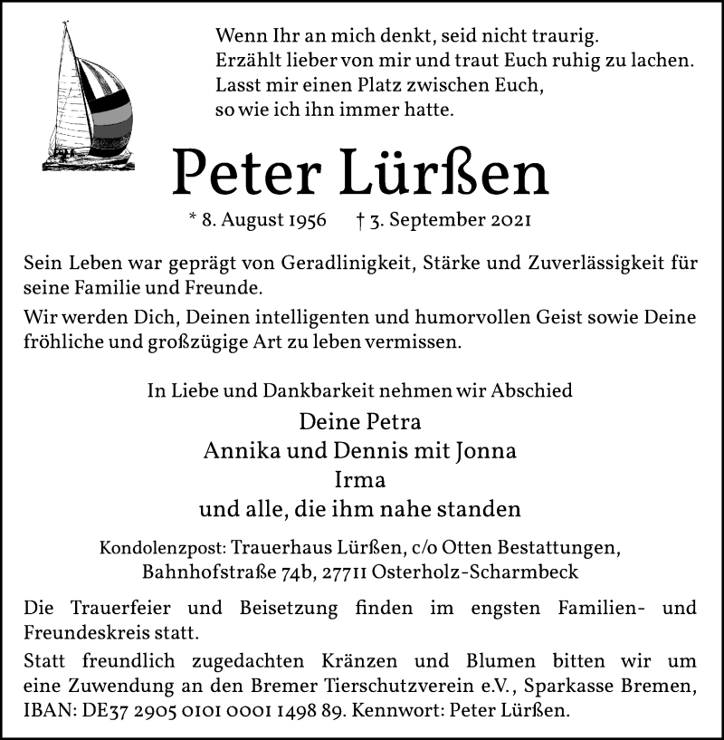  Traueranzeige für Peter Lürßen vom 11.09.2021 aus Osterholzer Kreisblatt