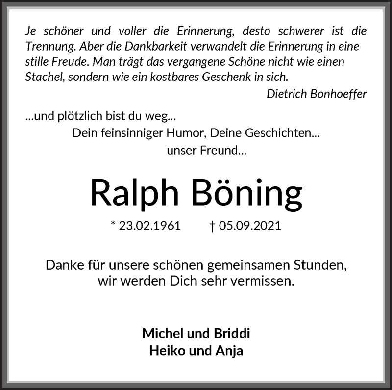  Traueranzeige für Ralph Böning vom 11.09.2021 aus Wuemme Zeitung