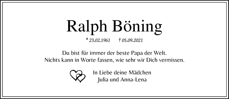  Traueranzeige für Ralph Böning vom 11.09.2021 aus WESER-KURIER