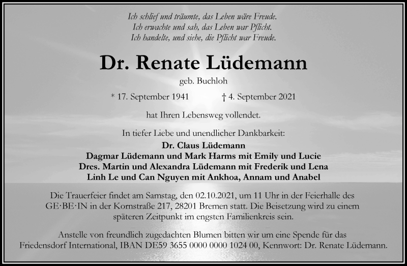  Traueranzeige für Renate Lüdemann vom 11.09.2021 aus WESER-KURIER