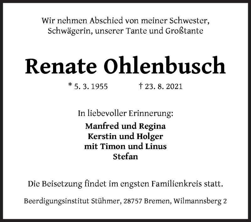  Traueranzeige für Renate Ohlenbusch vom 04.09.2021 aus WESER-KURIER