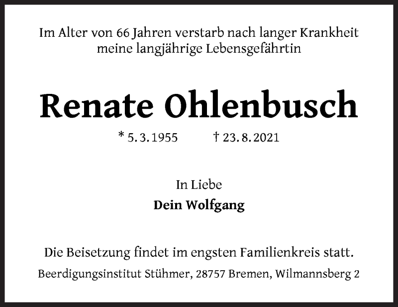  Traueranzeige für Renate Ohlenbusch vom 04.09.2021 aus Die Norddeutsche