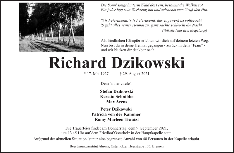  Traueranzeige für Richard Dzikowski vom 04.09.2021 aus WESER-KURIER