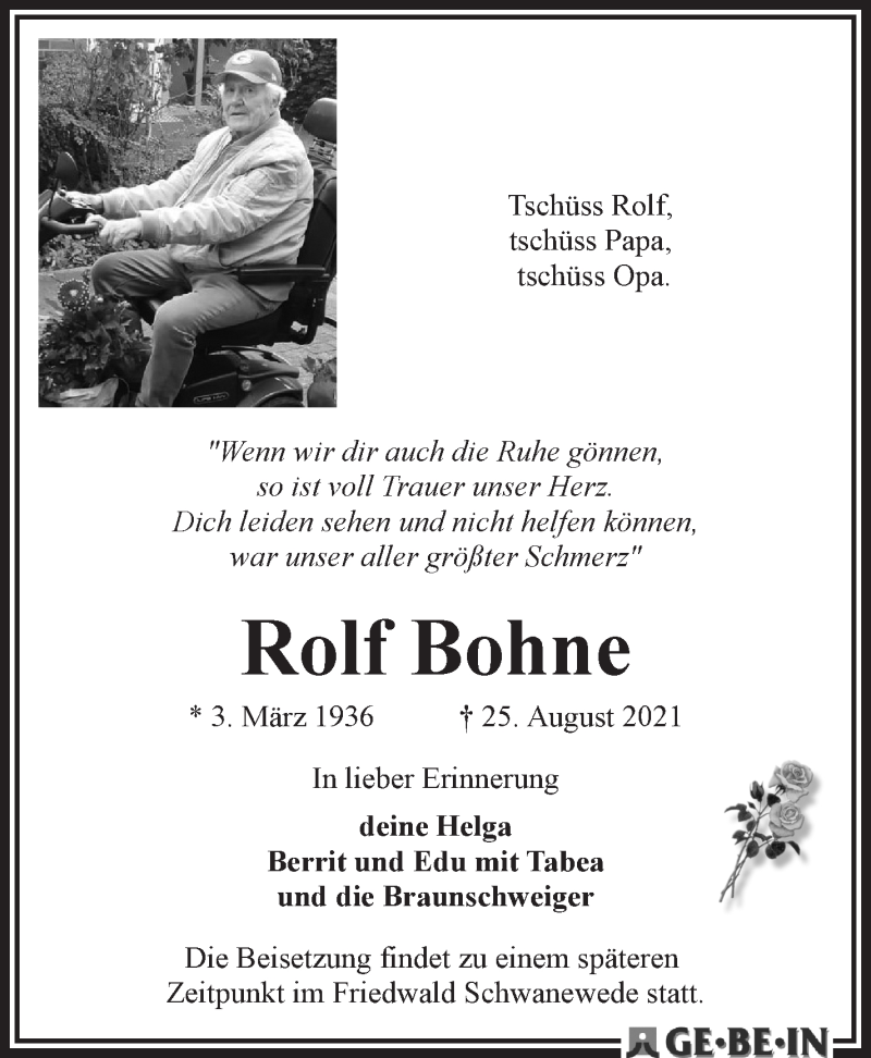  Traueranzeige für Rolf Bohne vom 04.09.2021 aus WESER-KURIER
