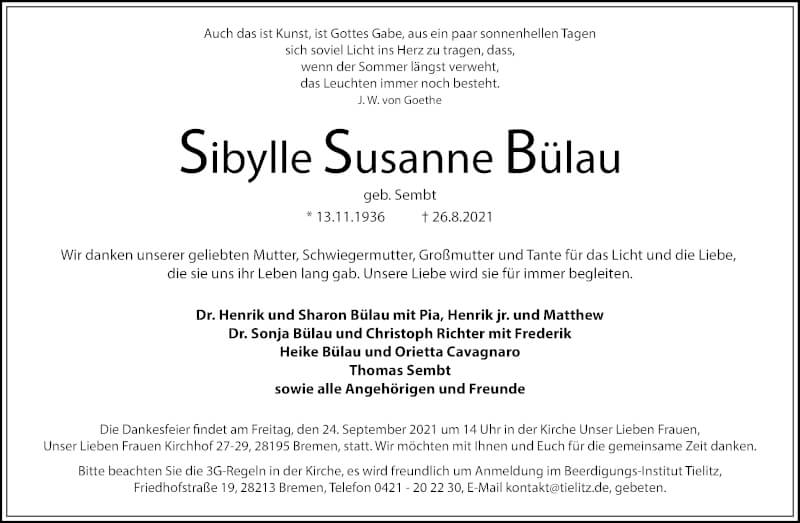  Traueranzeige für Sibylle Susanne Bülau vom 18.09.2021 aus WESER-KURIER