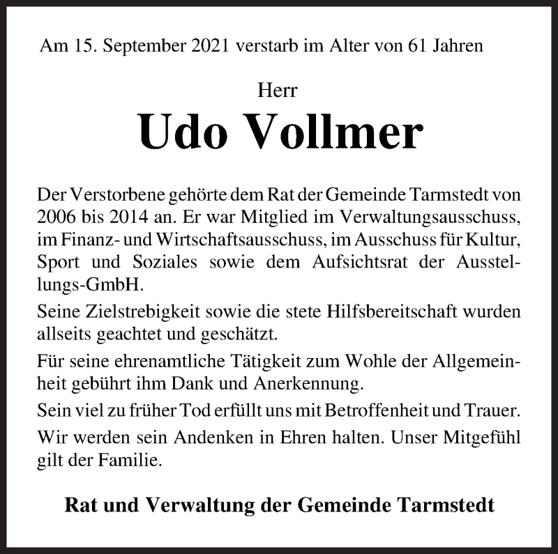  Traueranzeige für Udo Vollmer vom 21.09.2021 aus Wuemme Zeitung