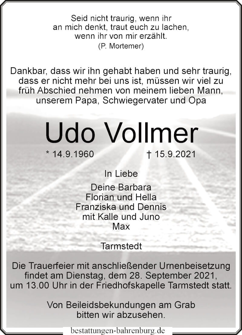  Traueranzeige für Udo Vollmer vom 18.09.2021 aus Wuemme Zeitung