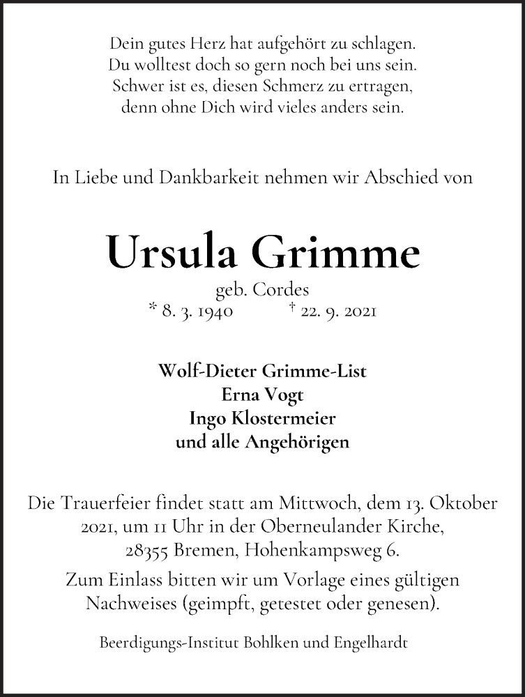  Traueranzeige für Ursula Grimme vom 25.09.2021 aus WESER-KURIER