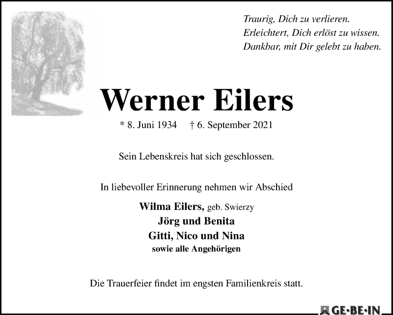  Traueranzeige für Werner Eilers vom 11.09.2021 aus WESER-KURIER