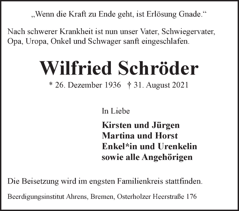 Traueranzeige von Wilfried Schröder von WESER-KURIER