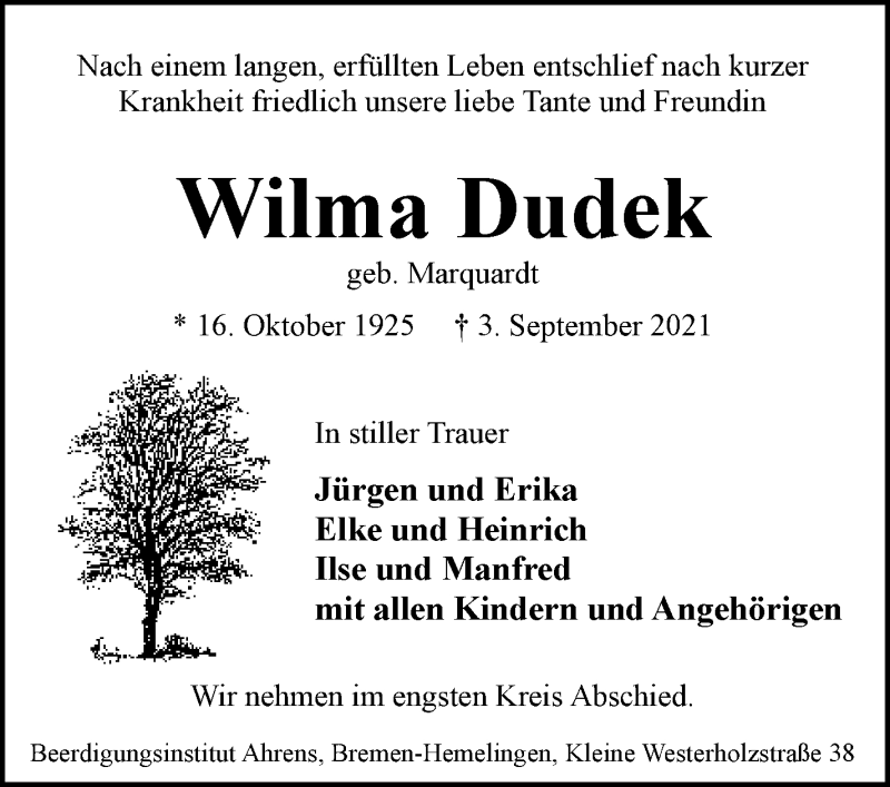 Traueranzeige von Wilma Dudek von WESER-KURIER