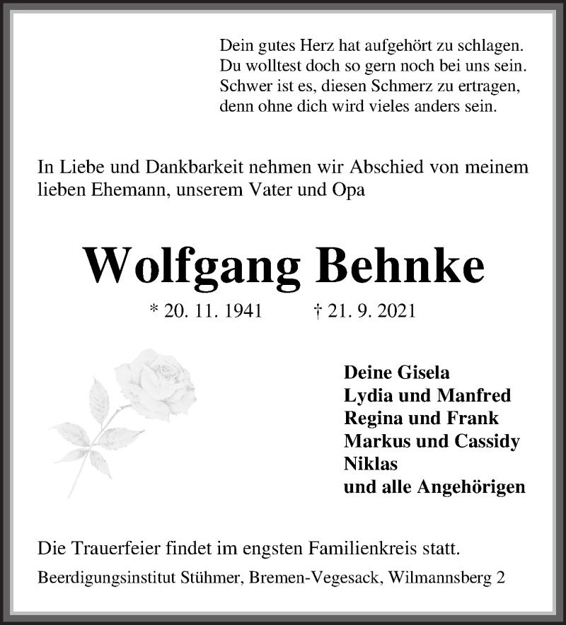  Traueranzeige für Wolfgang Behnke vom 25.09.2021 aus Die Norddeutsche