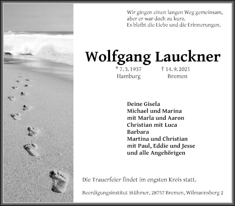  Traueranzeige für Wolfgang Lauckner vom 18.09.2021 aus Die Norddeutsche