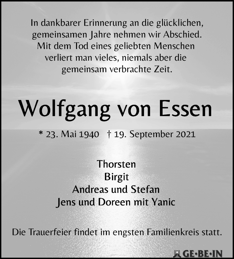  Traueranzeige für Wolfgang von Essen vom 25.09.2021 aus WESER-KURIER