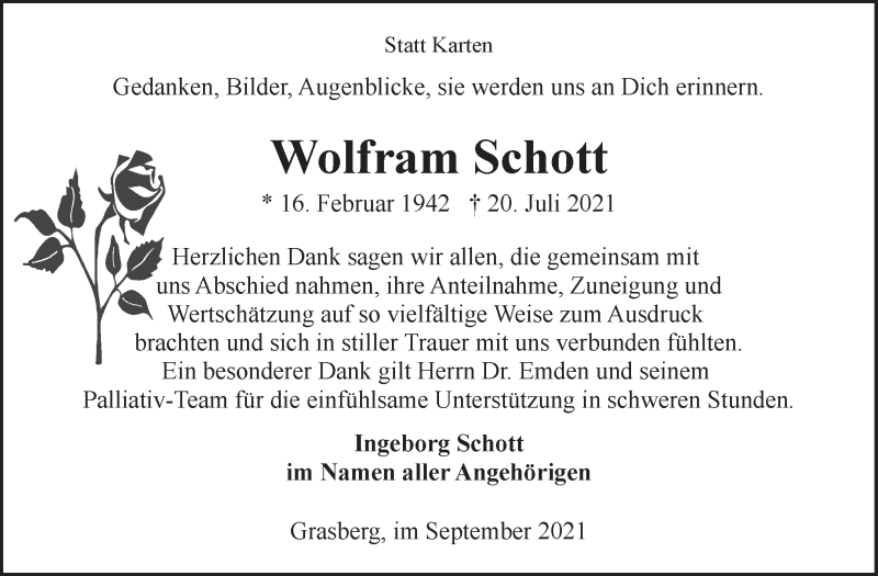  Traueranzeige für Wolfram Schott vom 04.09.2021 aus Wuemme Zeitung