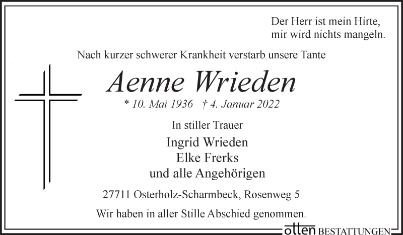 Traueranzeige von Aenne Wrieden von Osterholzer Kreisblatt