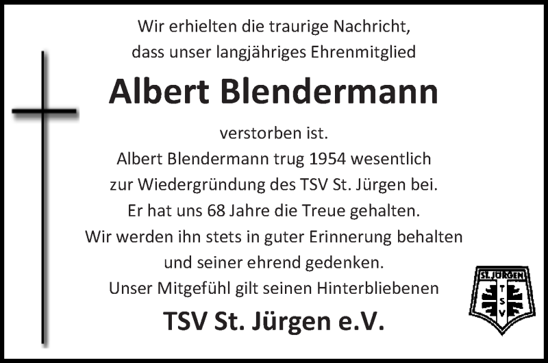  Traueranzeige für Albert Blendermann vom 29.01.2022 aus Wuemme Zeitung