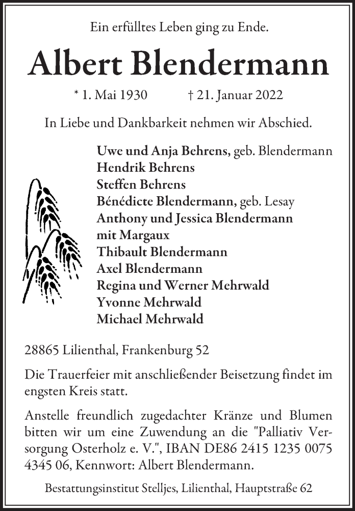  Traueranzeige für Albert Blendermann vom 26.01.2022 aus Wuemme Zeitung