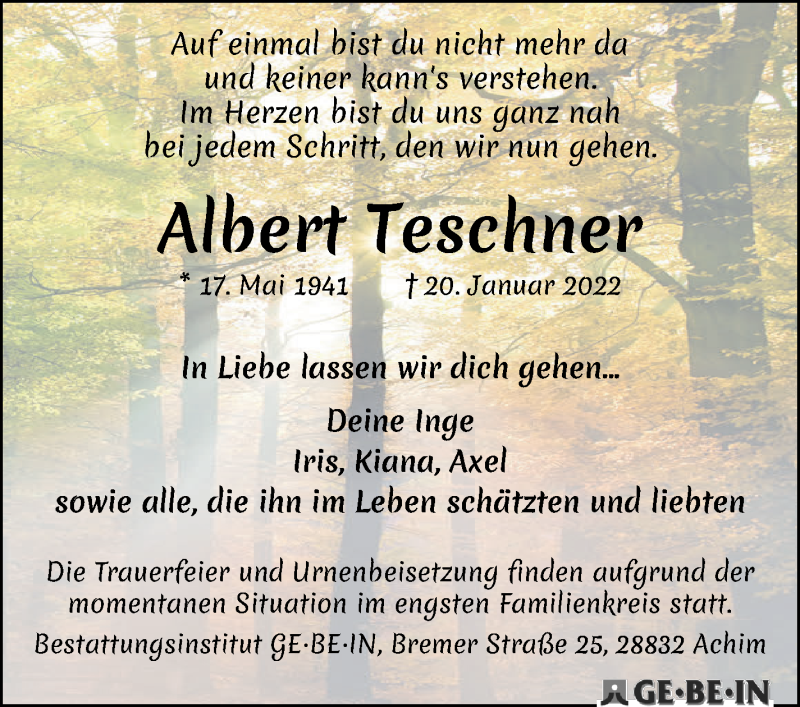 Traueranzeige von Albert Teschner von WESER-KURIER