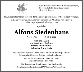 Traueranzeige von Alfons Siedenhans von Die Norddeutsche