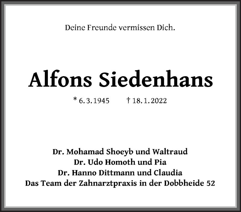  Traueranzeige für Alfons Siedenhans vom 22.01.2022 aus Die Norddeutsche