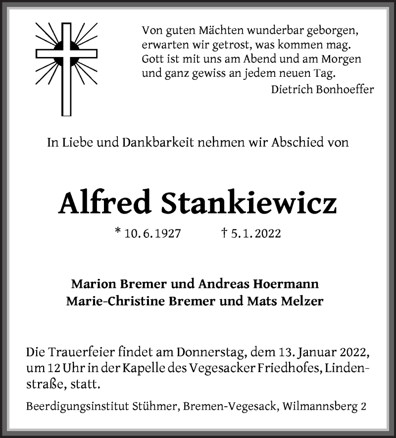  Traueranzeige für Alfred Stankiewicz vom 08.01.2022 aus Die Norddeutsche