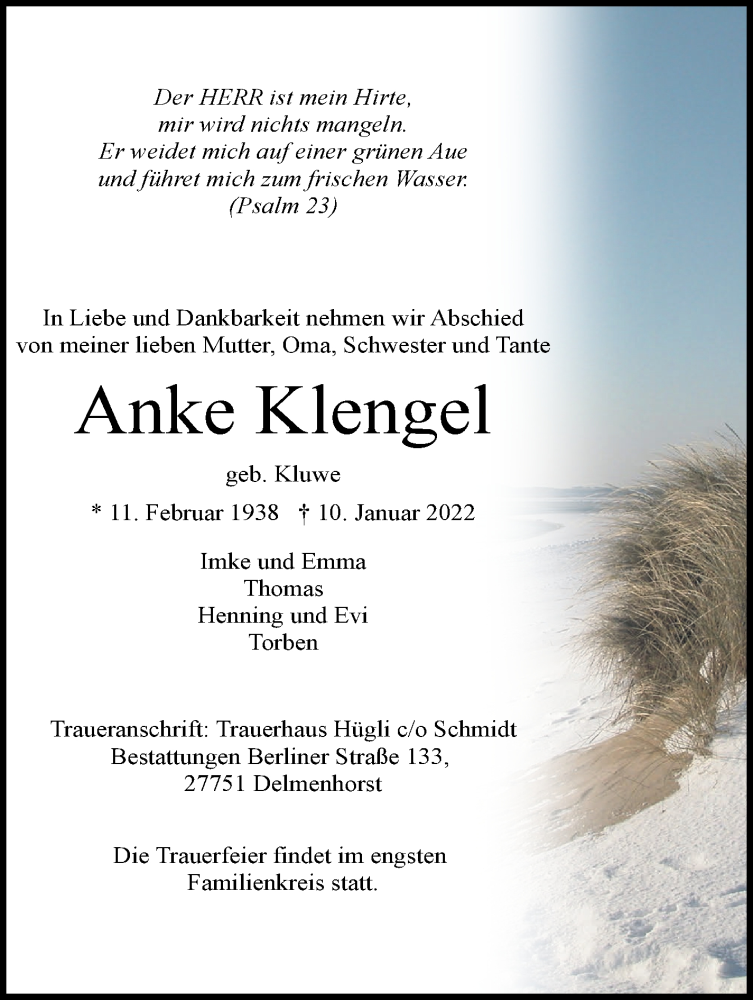  Traueranzeige für Anke Klengel vom 15.01.2022 aus WESER-KURIER