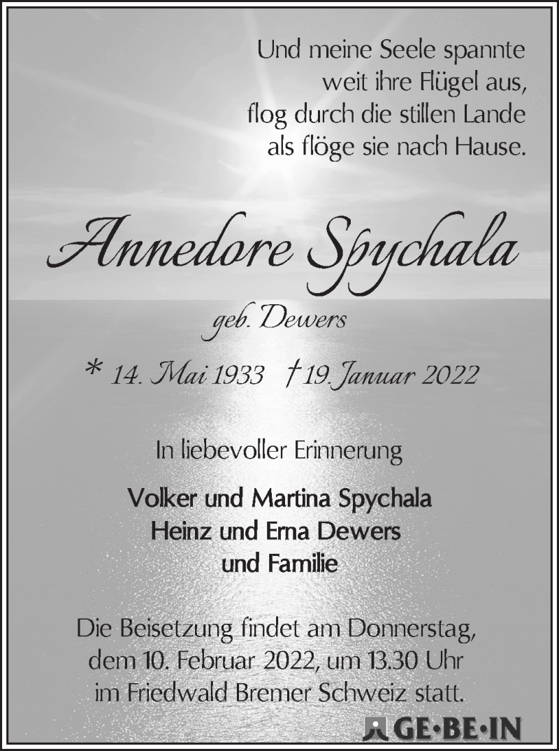  Traueranzeige für Annedore Spychala vom 29.01.2022 aus WESER-KURIER