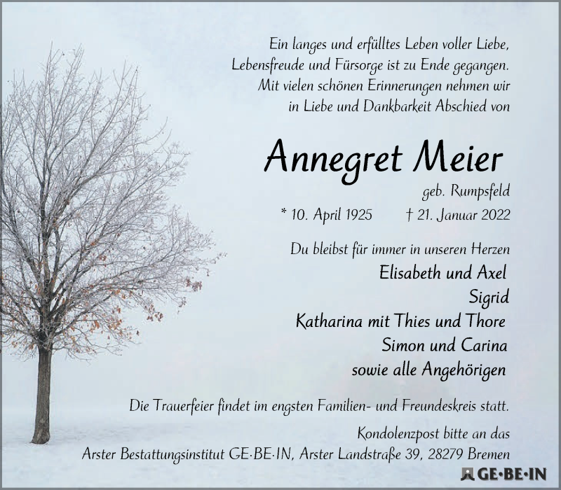  Traueranzeige für Annegret Meier vom 29.01.2022 aus WESER-KURIER