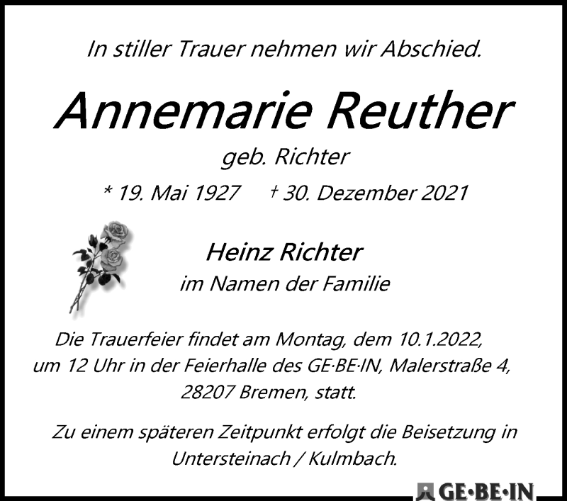  Traueranzeige für Annemarie Reuther vom 08.01.2022 aus WESER-KURIER