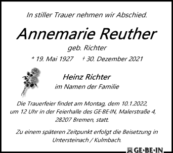 Traueranzeige von Annemarie Reuther von WESER-KURIER