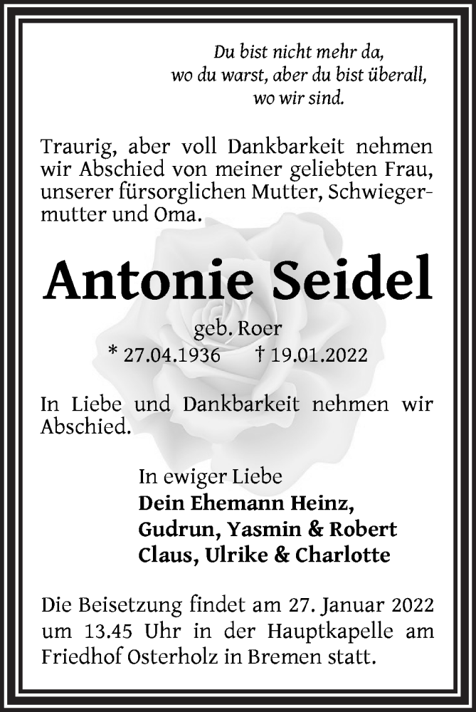  Traueranzeige für Antonie Seidel vom 22.01.2022 aus WESER-KURIER