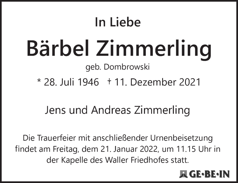  Traueranzeige für Bärbel Zimmerling vom 08.01.2022 aus WESER-KURIER
