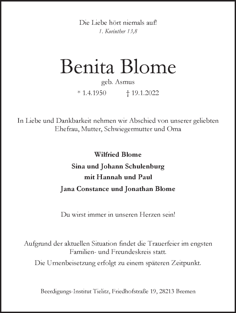  Traueranzeige für Benita Blome vom 22.01.2022 aus WESER-KURIER