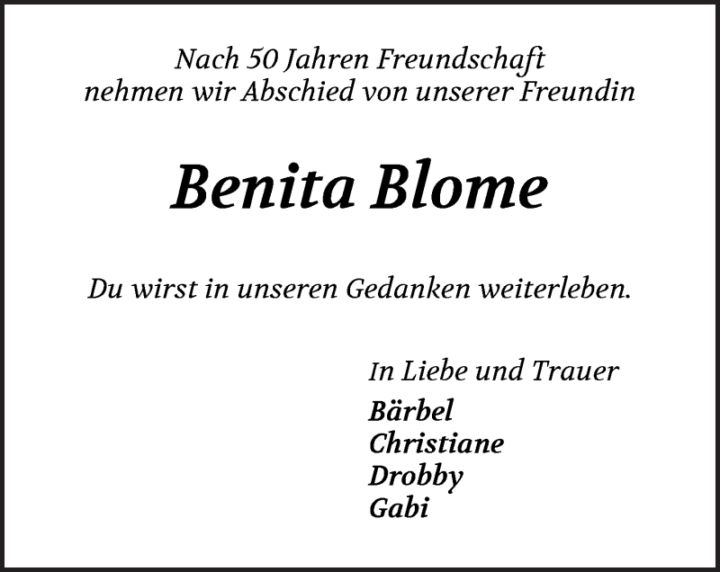  Traueranzeige für Benita Blome vom 26.01.2022 aus WESER-KURIER