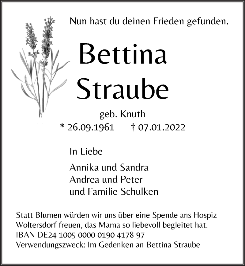  Traueranzeige für Bettina Straube vom 15.01.2022 aus Die Norddeutsche