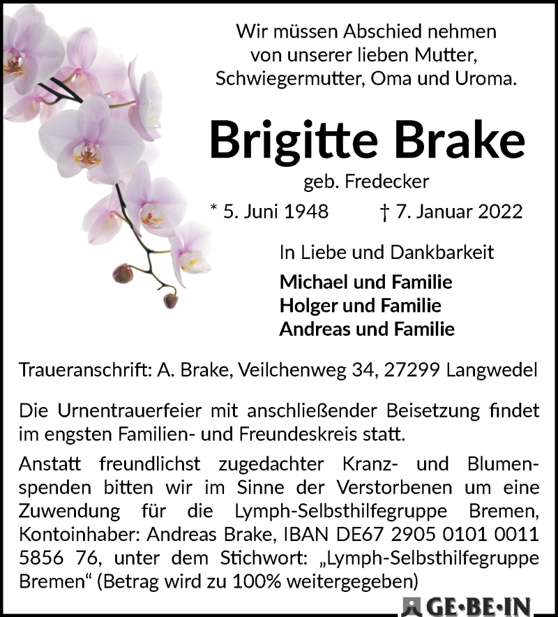  Traueranzeige für Brigitte Brake vom 15.01.2022 aus WESER-KURIER