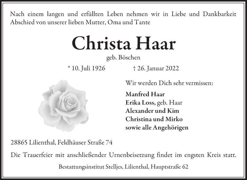  Traueranzeige für Christa Haar vom 29.01.2022 aus Wuemme Zeitung